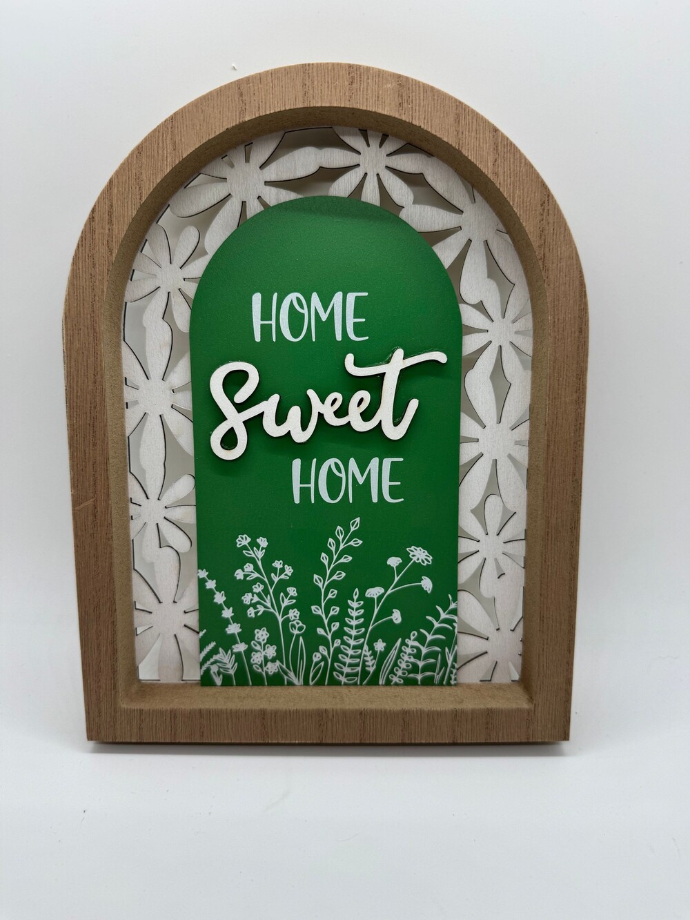 Home Sweet Home 7” Wood TableTop Sign Home Decor Green Floral Cutout